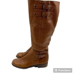 FRANCO SARTO Pebbled Brown Leather Knee Length Boot with Buckle Details